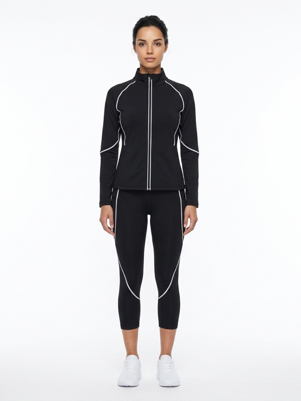 Neoprene Women’s Black Zip-Front Athletic Crop Leggings and Matching jacket